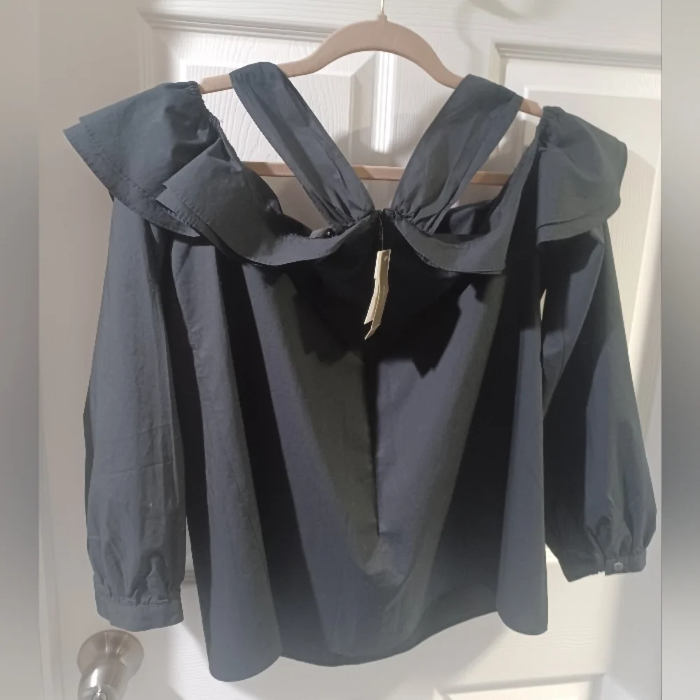 J. Crew Black Ruffled Cold Shoulder Blouse - Picture 2 of 9